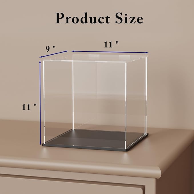 SVENJBB Acrylic Display Case, 11x9x11 Inch Cube Acrylic Boxes for Display, Clear Display Cases with Matte Black Base and Lid for Tiny House Kit and Miniature Dollhouse
