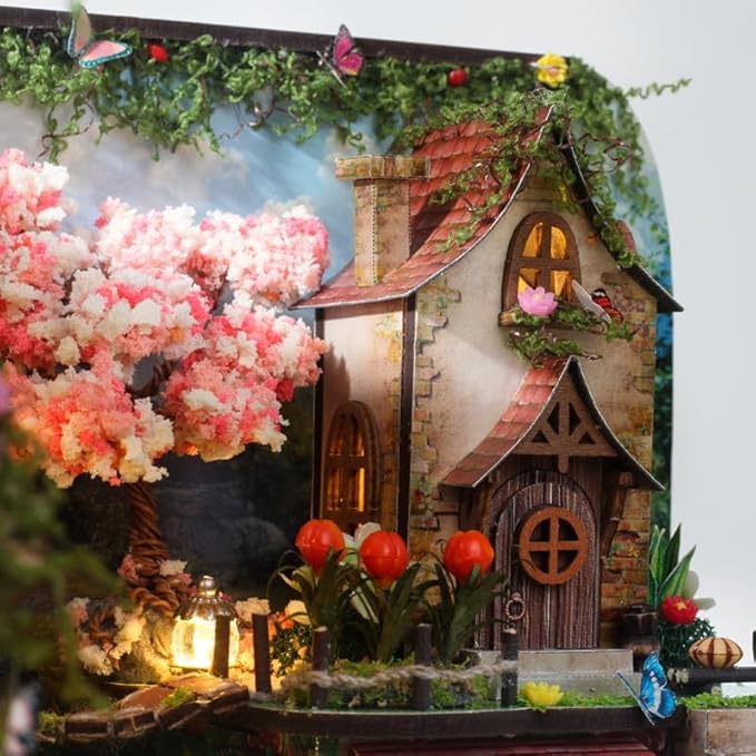 DIY Miniature House Kit, Mini House Building Kit, DIY Book Nook Kit, Tiny Model House for Adults to Build, Beginner 3D Wooden Book Nook, for Family Friends (Hidden Realm-B)