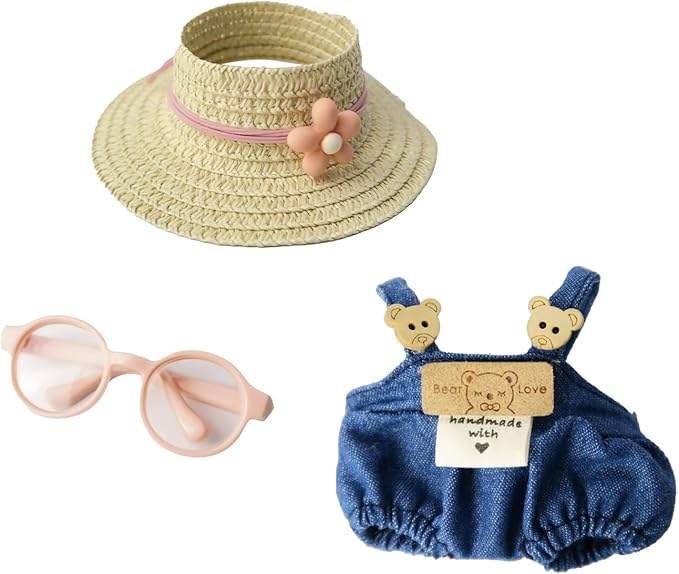 17cm&15cm Dolls Clothes, Adorable Chic Series for 17cm&15cm Dolls (NO Doll), 3-Piece Doll Outfit with Accessories - Wordy Jeans + Flowered Flat hat + Pink Framed Glasses