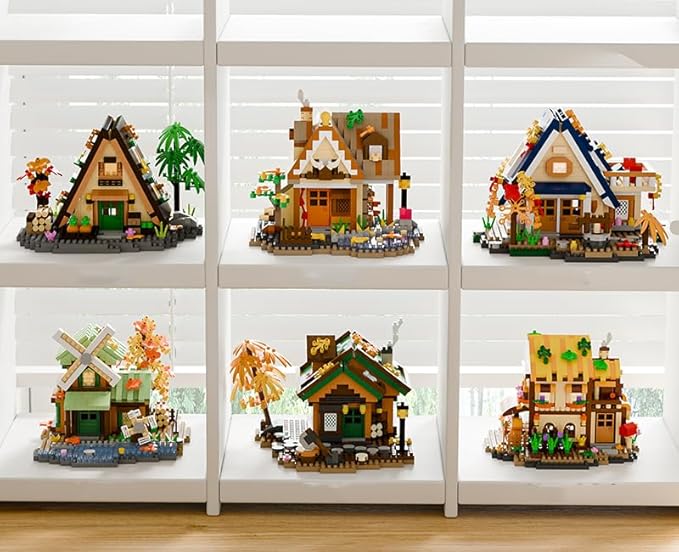 Forest Mini Wood Cabin Micro Building Set with LED Light Wooden Forest House Block Toy with Tree Log Stem Houses Construction Model for Adults Teens Birthday Gift
