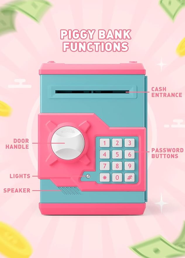 Piggy Bank for Girls Boys Large Electronic Money Coin Banks with Password Protection, Automatic Paper Money Scroll Saving Box, Great Gift for Kids(Pink-Blue)