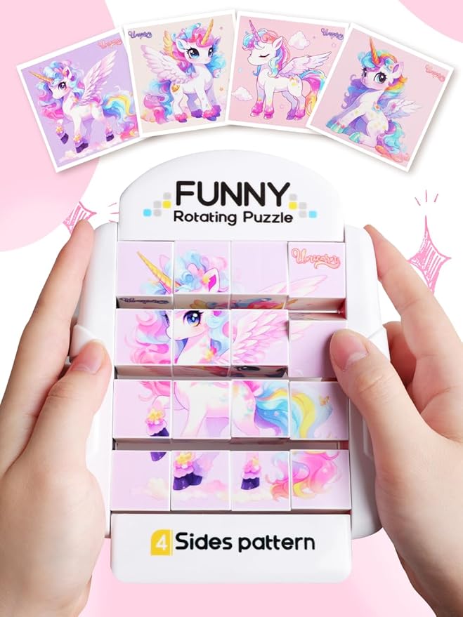 16-Piece Rotating Puzzles for Kids 4-6, Toddlers Puzzles 2-4, Road Trip, Airplane Activities Game, Travel Toys - Brain Teaser, Fine Motor Skills - Birthday Gifts Boys & Girls - Pink Alicorn