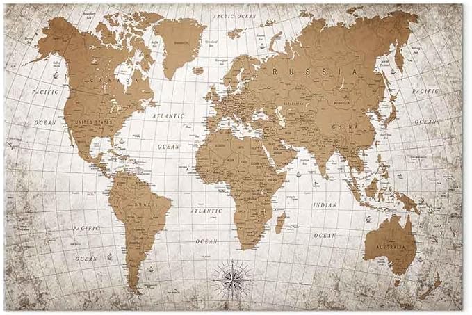 artgeist Canvas Wall Art Print World Map 24x16 in - 1pcs Home Decor Framed Stretched Picture Photo Painting Artwork Image Abstract World Map Vintage Continents k-C-10001-b-a