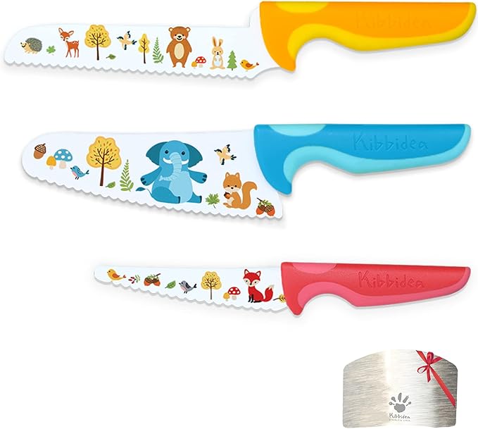 Kibbidea Kids Knife Set for Real Cooking, 4pcs Kids Safe Kitchen Cutting Knives, Stainless Steel Blades, Children First Starter knife, BPA-free (Multicolor)