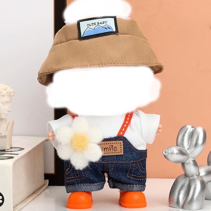 5 Pcs Set-17cm Doll Rabbit Bunny Clothes,Bucket Hat Sunhat+Glass Frame+Shirt+Overalls Trousers+Shoes,Fashionable Outfit for Dress up Unique Style, Doll Costume Cosplay Fashion Dresses-Set 3