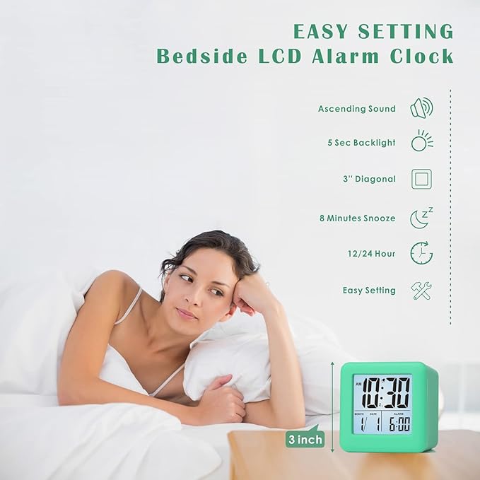 Plumeet Digital Alarm Clock Kids Clock with Snooze and White Nightlight - Easy Setting Travel Alarm Clocks Display Time, Date, Alarm - Ascending Sound - Battery Powered (Cyan)