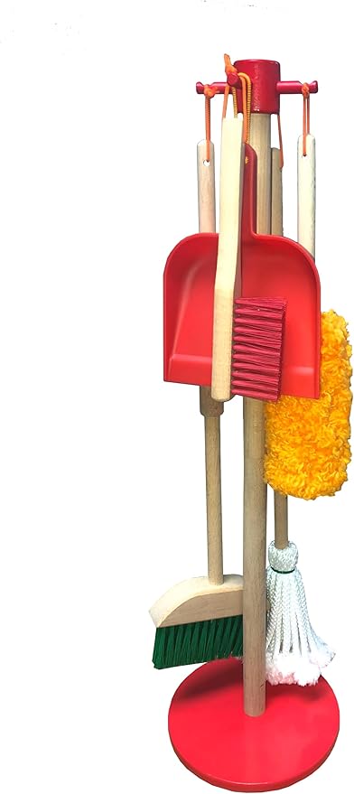 JustForKids Wooden Detachable Kids Cleaning Set - Duster, Brush, Mop, Broom and Hanging Stand Play - Housekeeping Kit - STEM Toys for Toddlers Girls & Boys, Total 6 Pieces,Multi Color,10071