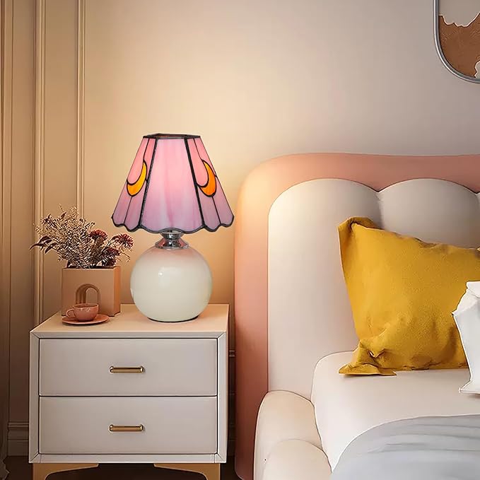 Mushroom Lamp Tiffany Stained Glass Moon lamp Cute Small Bedside Table Lamps for Living Room Home Decor,Girls Women Birthday Christmas Thanksgiving Day Gift,Pink