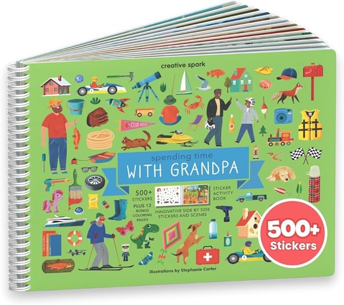 Sticker Book for Kids 2-4, 500+ Kids Stickers, Spending Time with Grandpa by Cupkin, 12 Coloring Pages, 12 Scenes, Fun Toddler Travel Activity Coloring and Sticker Books for Children Ages 4-8 + 8-10