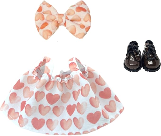 Clothes for 17cm Doll (Clothes Only) – 3-Piece Set with Pink Heart-Print Strap Dress, Bow Headband, and Shoes for a Unique Dressed-Up Look – Fashion Handmade Accessories for Doll