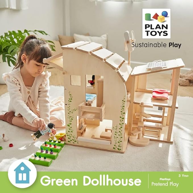 PlanToys Green Wooden Dollhouse with Furniture - Chemical-Free Green Toy Featuring 18 Wooden Furtniture Set