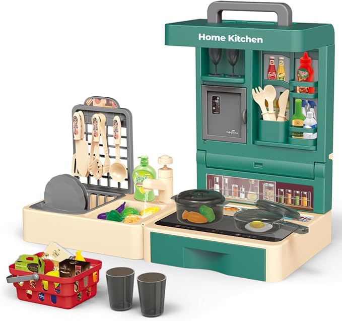 Pretend Play Kitchen Toy Set Folding Role Play Toy with 45pcs Realistic Food Fruits Vegetables Pans Cooking Utensils Basket Sink etc Portable Educational Indoor Outdoor Toys for Kids Ages 3