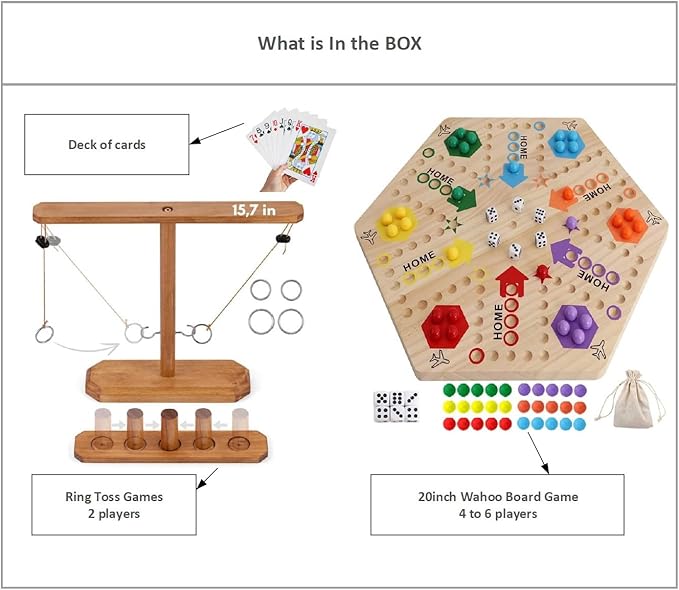 Wooden Wahoo Marble Board Game (20 INCH), Double-Sided, for 2-6 Players, with 24 Marbles and 6 dice. Also Includes Ring Toss, Wooden Hook and Ring Gameand Premium Playing Cards.