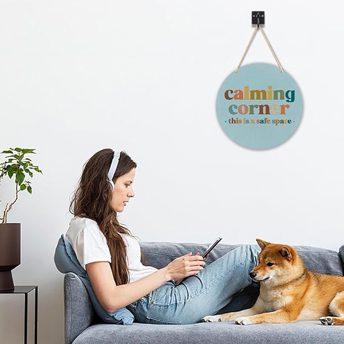 Calming Corner Hanging Wood Sign - Safe Space, Classroom, Office Decor - Boho Style, 10x8 Round Blue