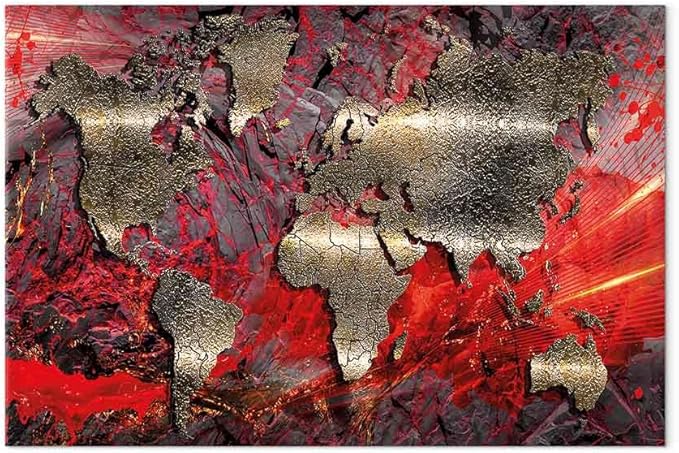 artgeist Canvas Wall Art World Map 35x24 in - 1pcs Home Decor Framed Stretched Picture Photo Painting Artwork Modern Art Image - Abstract Continents Map World Map Red k-A-0505-b-d