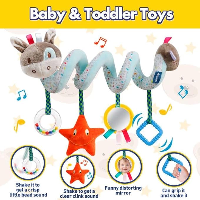 Baby Car Seat & Stroller Toys, Activity Spiral Hanging Plush Donkey Toy, 6-12 Months, Blue, Medium, Unisex