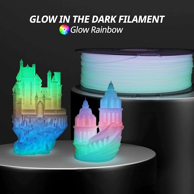 AMOLEN Rainbow PLA 3D Printer Filament, Glow in The Dark Multicolor, Blue/Green/Purple Rainbow, 10-Minute Color Shift, High Precision +/- 0.02mm, 1kg Spool for Smooth Printing