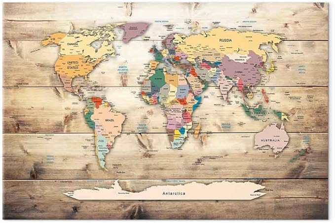 artgeist Acoustic Canvas Wall Art Print World Map 35x24 in - 1pcs Picture with Acoustic Foam Sound Print Artwork Room Acoustics Soundproofing World Travel Map Wood k-B-0009-b-b