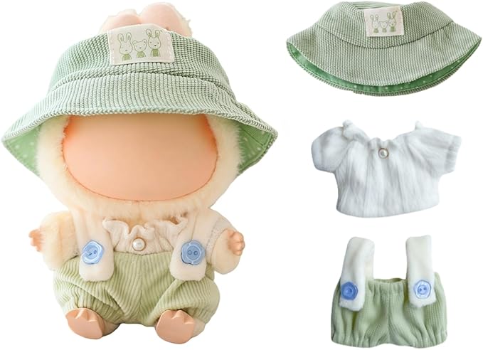 Clothes for Dolls Accessories (No Doll), Cute Outfit Set 3 Pieces Bib Pants Suitable for 15 & 17cm Doll Suit, Stylish Dress Up Overalls Doll Clothing Set Replacement with Hat Clothes Green