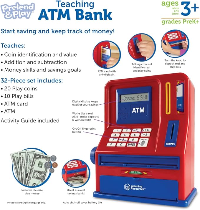Learning Resources Teaching ATM Bank - 32 Pieces, Ages 3+ Toddler Learning Toys, Cash Register for Kids, Play Money for Kids