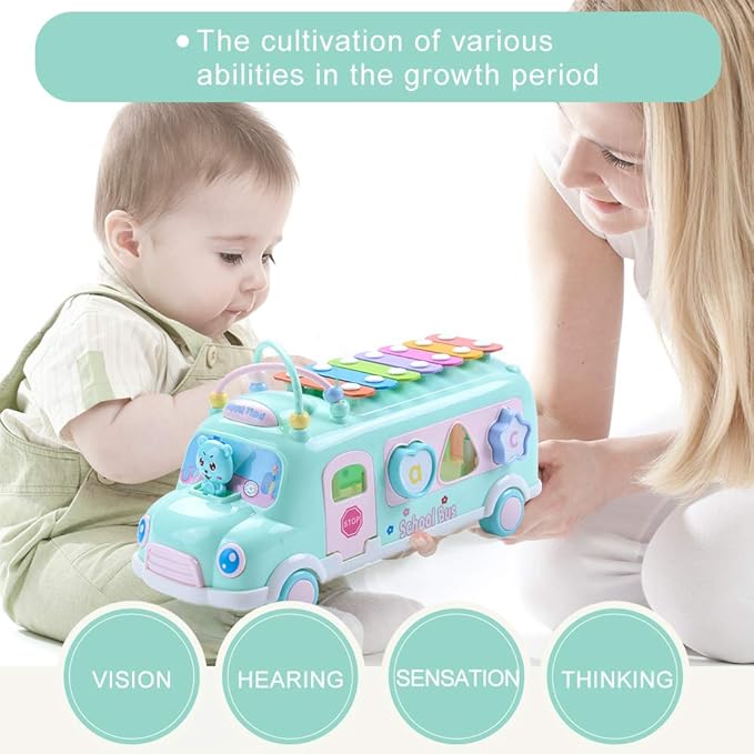 Baby School Bus Xylophone Toy for Toddlers 1-3, 5-in-1 Montessori Musical Bus Toys Gifts for 1 Year Old Baby Girl, Shape Sort Toys Knocking Xylophone Educational Instruments Birthday Gift Boy Girl