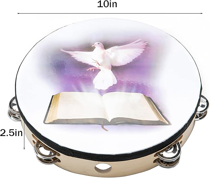 Tambourine 10 inch Dove Bible Double Row Jingle Tambourine for Adults,Handbell Clap Drum Tambourines for Pray Church Party Musical Instrument (10 inch Dove)