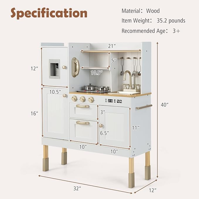 INFANS Kid Kitchen Playset, Toddler Wooden Pretend Cooking Set with Realistic Light & Sound, Stove, Sink, Microwave, Storage Cabinet, Play Kitchen Toy Set for Children Boys Girls