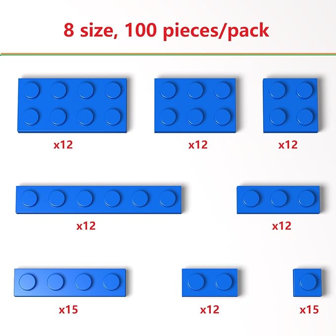 100 Pieces Classic Building Plate Assortment Pack, 8 Sizes Small Baseplates Multipacks, Compatible with Lego Parts and Pieces, Small Plate for Building(Color:Blue)