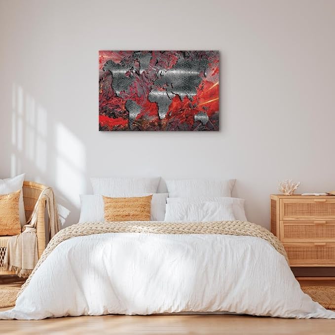 artgeist Canvas Wall Art World Map 24x16 in - 1pcs Home Decor Framed Stretched Picture Photo Painting Artwork Image - Abstract Continents Map World Map Red Silver k-A-0505-b-c