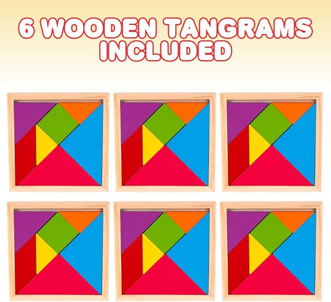 ArtCreativity Wooden Tangram Puzzles for Kids (Set of 6) Wood Tangrams with 7 Colored Pieces Each, Fun Educational Brain Teaser, Learning Toy for Boys and Girls, Fun Party Favor