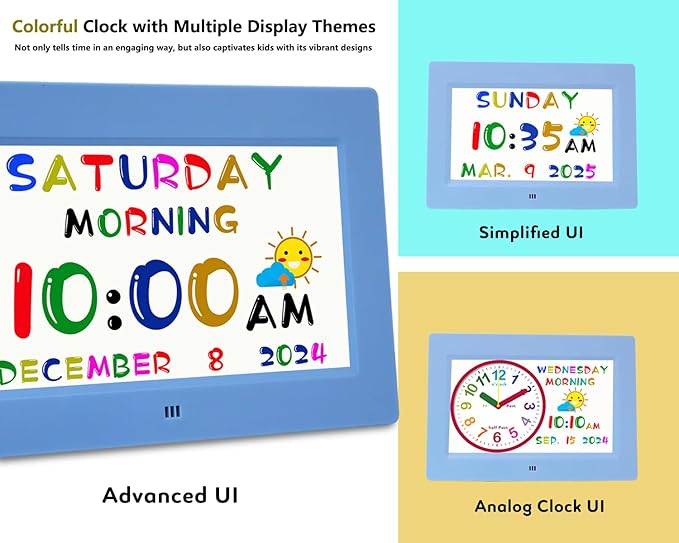 Véfaîî Digital Teaching Clock Talking Time, 24 Alarms Custom Reminders, Checklist to-Do List, Auto DST & Calendar Display, Sleep Trainer, Easy to Use for Kids Birthday Gift- Blue with Remote