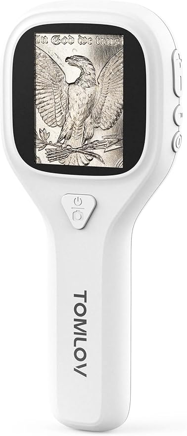 TOMLOV P10 Evo Handheld Close-Up Coin Microscope with 2" IPS Screen: 20X LED Lighted Trichome Magnifier for Adults, Portable Jewelers Loupe, STEM Kids Microscope, Windows/macOS Compatible, White