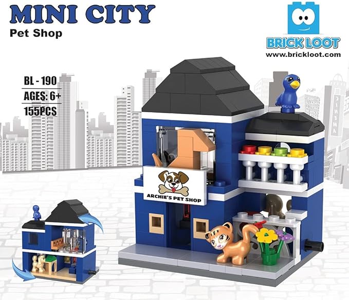 Brick Loot Mini City Pet Shop Building Set – 155-Piece Lego-Compatible Storefront, Modular Mini Bricks City Blocks Kit with Cat & Bird Figures, DIY Model for Kids & Adults, Display Collectible