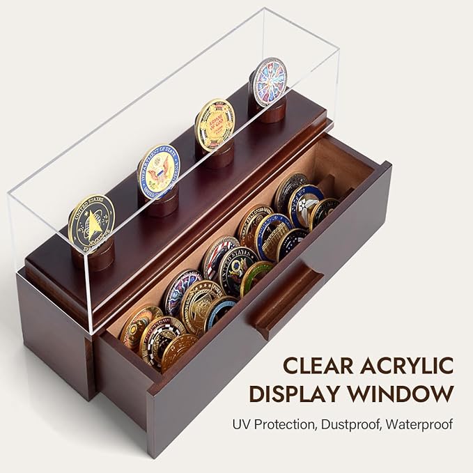 Challenge Coin Display Case, Military Coin Collection Holder with Wooden Coin Box, Drawers, and Clear Acrylic Lid – Gifts for Coins Collectors (4 Pillars)