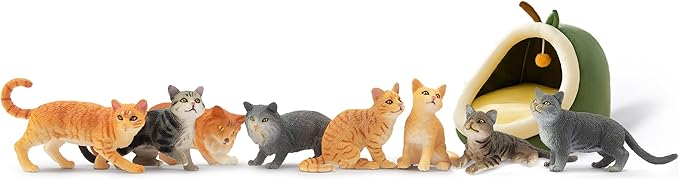 Toymany 8PCS Grey & Orange Cat Figurines Set, Realistic Cat Figures Kitten Toys, Cat Cake Toppers Halloween Christmas Birthday Gift for Kids Children