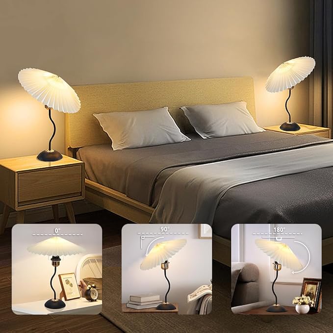 Arts Bedside Table Lamp for Bedroom, Cute Small Pleated Lamps for Nightstand, Vintage Lamp with Umbrella Shade, Decor Desk Reading Lamps for Living Room Kids Room Dorm Office with E26 LED Bulb