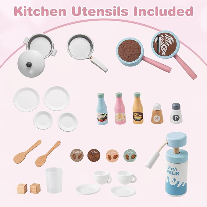 INFANS Kids Kitchen Playset, Toddler Wooden Kitchen Pretend Cooking Toy Set with Coffee Maker Ice Machine Dishwasher Microwave Storage Cabinet, Simulation Play Kitchen for Boys Girls 3+ (Pink)