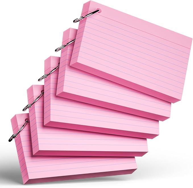 250 Count Pink Index Cards with Ring 3 x 5 Inch Heavyweight Ruled Index Cards, Flash Cards for School & Office Supplies and Home Organization, Durable Study To Do List Note Cards with Ruled Lines