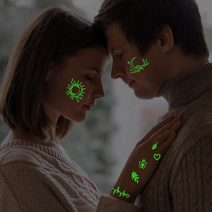 Luminous Temporary Tattoos for Adults, 60 Sheets Glow In The Dark Fake Tattoos for Face Hands, Lines Flowers Stars Moon Bohemian Design