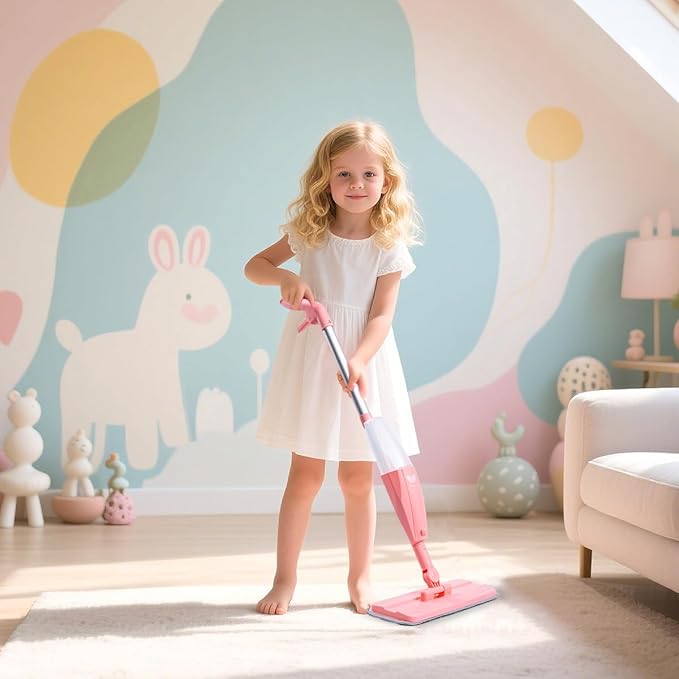Kids Spray Mop, Pink Mini Mop Set with 2 Microfiber Washable Pads and 10 Disposable Dry Dusting Cloths, Dust Mop for Floor Cleaning, Small Mop for Toddlers Gift