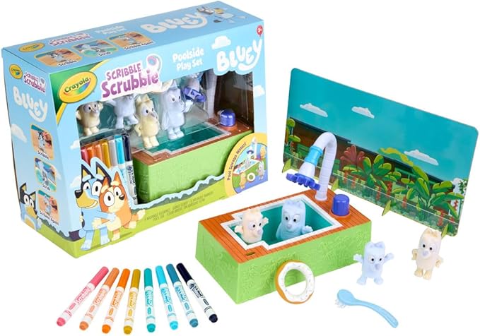 Crayola Scribble Scrubbies Bluey Poolside Playset (4ct), Washable Bluey Toy Set for Kids, Holiday for Toddlers, with Bingo, Chilli, and Bandit, Ages 3+