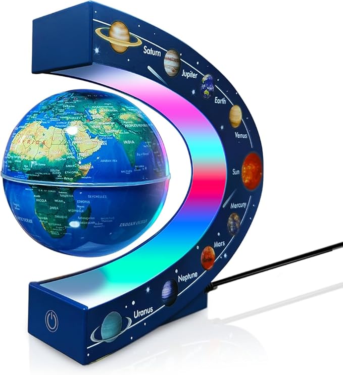 Magnetic Levitating Floating Globe with LED Lights, Cool Gadgets C Frame Globe Lamp for Men Father Husbands Boys Girls and Kids, Nine planetary solar systems Cool Tech Gift