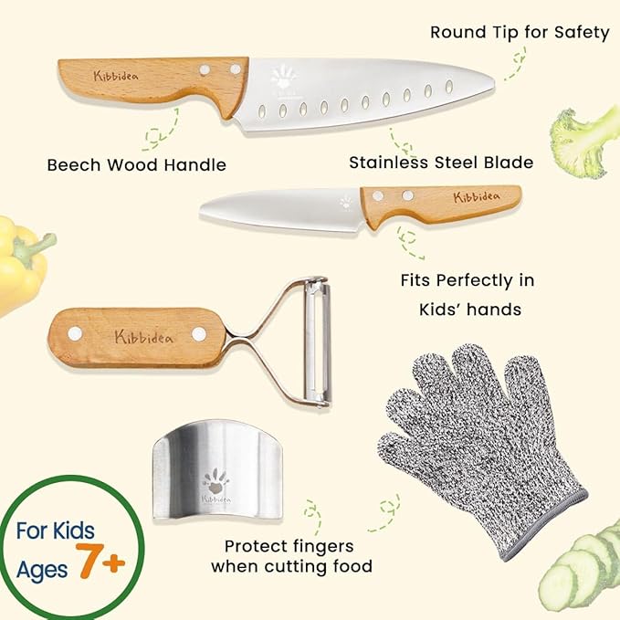 Kibbidea Kids Knife Set 4-Pieces, Stainless Steel, Wooden Handle Kids Knives for Real Cooking, Child Friendly Chef Knife for Cutting Chopping, BPA-free Kitchen Knives for Teenager 8-12