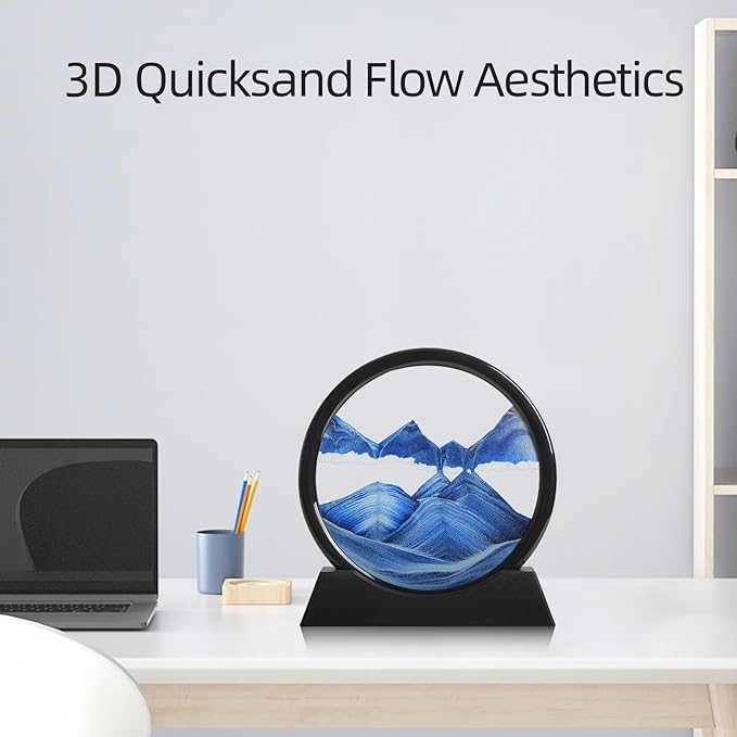 Moving Sand Art Liquid Motion, 3D Deep Sea Sandscape Color Quicksand Decor, Round Glass Moving Sand Art Picture Relaxing Desktop Home Office Work Decor (Blue, 7 inch)