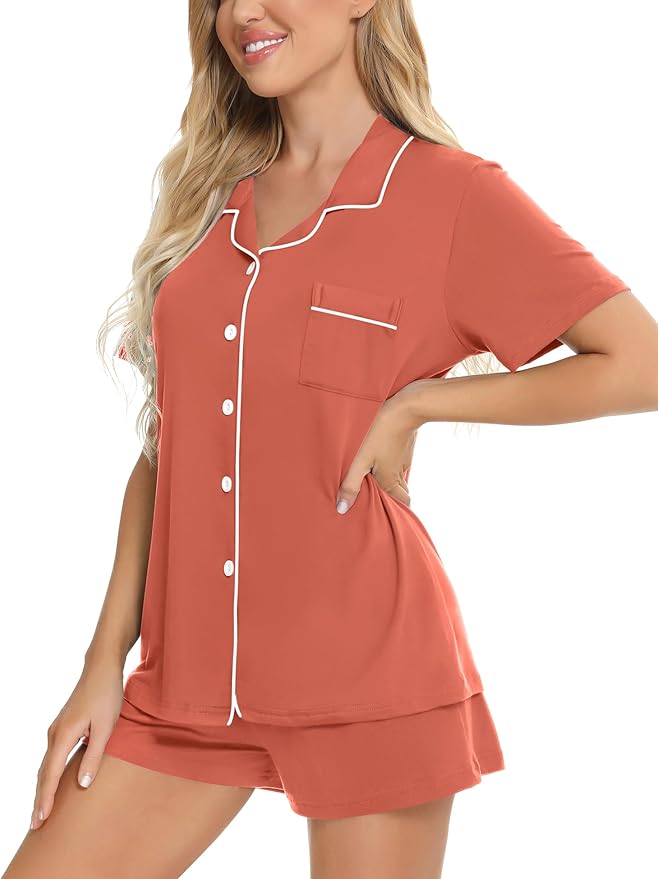 SWOMOG Womens Button Down Pajamas Set Short Sleeve Sleepwear Bride Soft Pj Lounge Sets XS-3XL