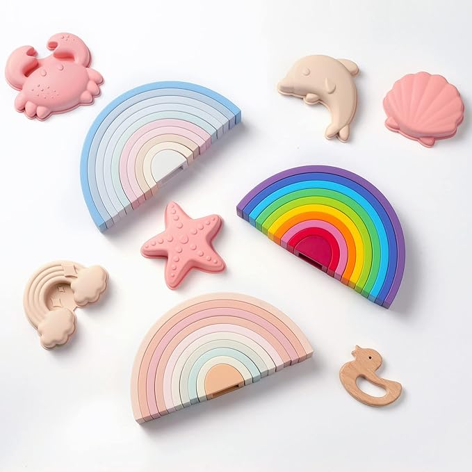 MCGMITT Rainbow Stacking Toy, Silicone Rainbow Stacker for Toddlers, Montessori Nesting Blocks, Building Creative Color Shape Matching Toy Set, 10 Layers