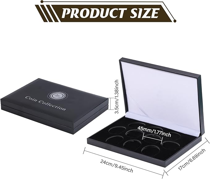 Coin Display Case PU Black Velvet Display Coin Box 45mm Challenge Coin Storage Presentation Box for Commemorative Coins Medals, 10 Slots