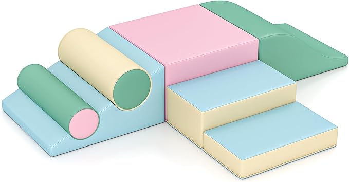 MU Soft Climbing Toys for Toddlers, Soft Foam Climbing Blocks, PU Leather Gym Climb & Crawl Soft Activity Playset, Indoor Climbing Toys Equipment for Kids and Children, Classic Grey, Macaron