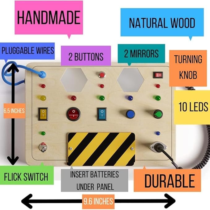 Crown Display Montessori Busy Board for Toddlers Wooden Sensory Toys for Toddlers with Light Up LED Buttons Pluggable Wires Baby 3 Year Old Gifts - Boys & Girls Educational Learning Fidget Toy