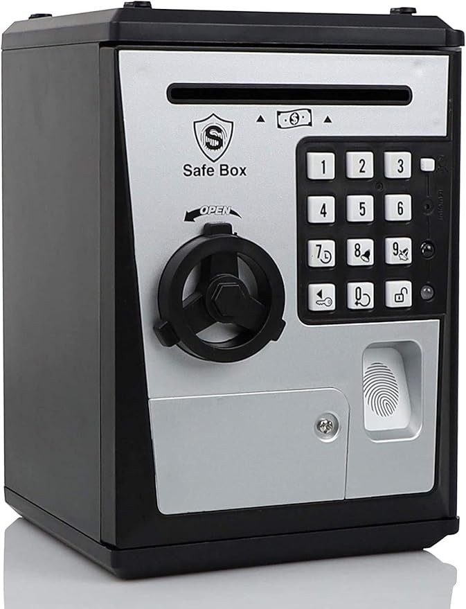 Toy Safe Box, Electronic ATM Piggy Bank, Money Coin Savings Bank, Finger Print Scanner Lock, Great Gift for Children Kids (Silver/Black)